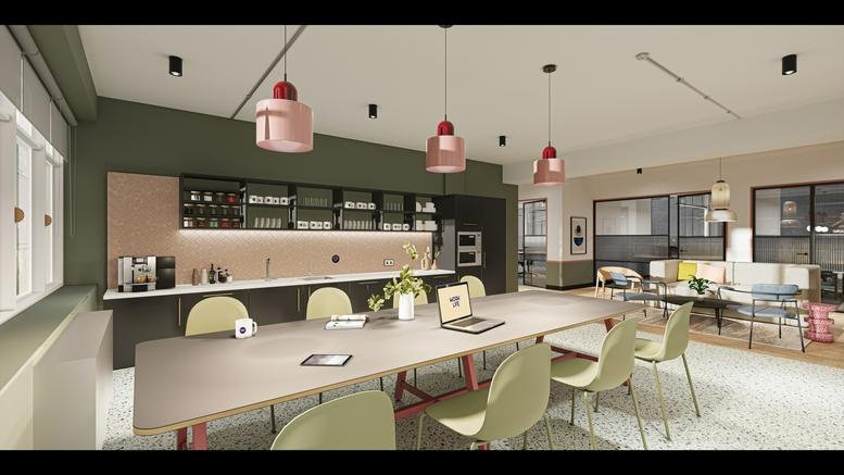 Spacious communal dining area at 7 St Cross Street, Central London, EC1N with pink pendant lights and a long table.