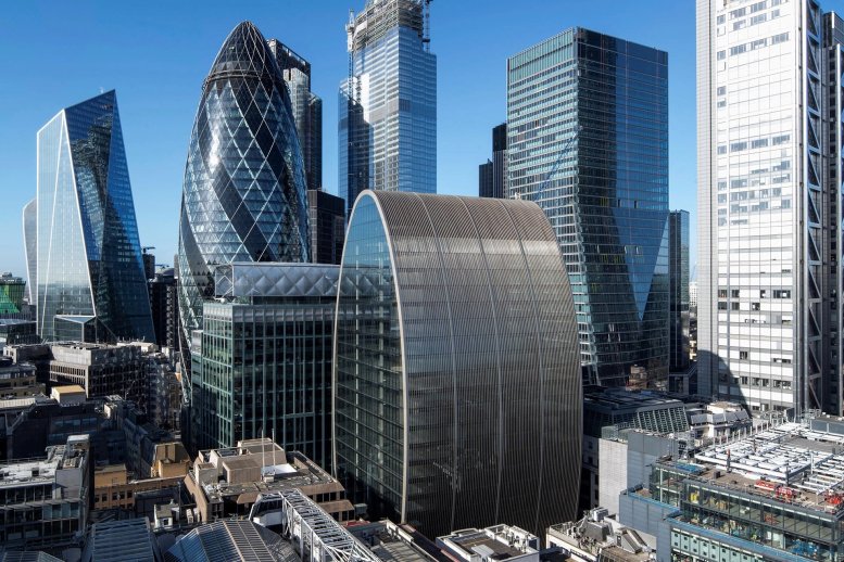 Exterior view of the distinctive glass facade building at 70 St. Mary Axe, London.