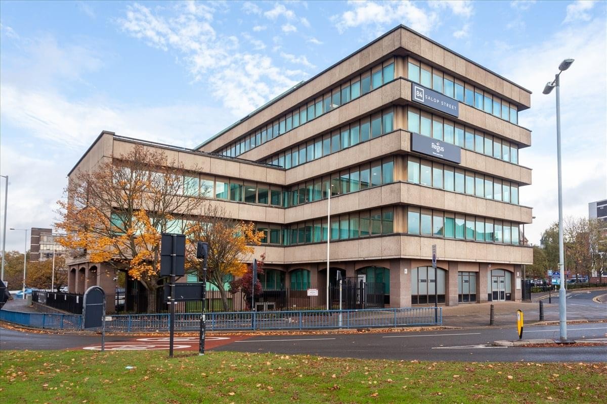 Exterior view of the multi-storey concrete and glass building at 84 Salop Street, Wolverhampton.
