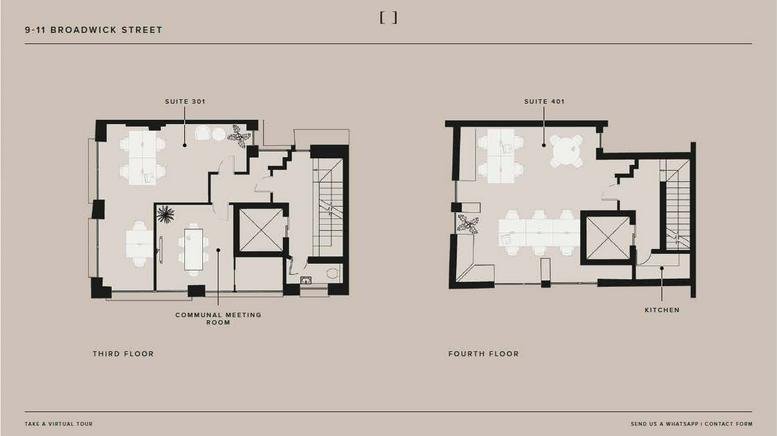 Floor plan showing the communal meeting room and kitchen layout on the third and fourth floors.