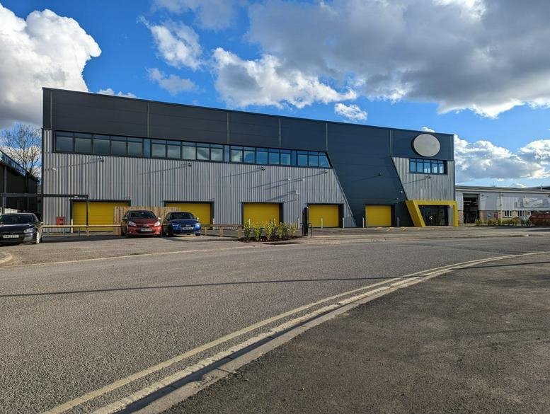 Exterior view of the industrial warehouse and office facade at Unit C, Auster Road, York, North Yorkshire.