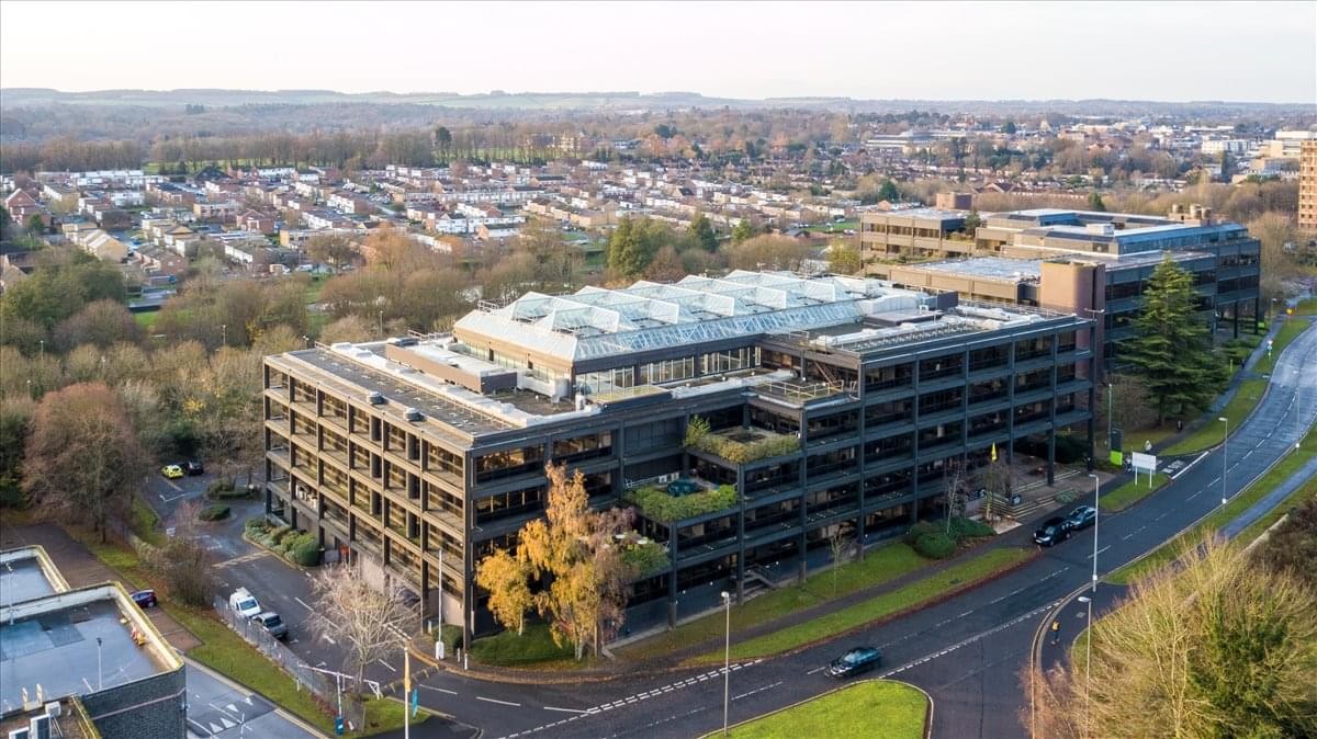 Aerial exterior view of the tiered modern facade at Belvedere House, Basing View.