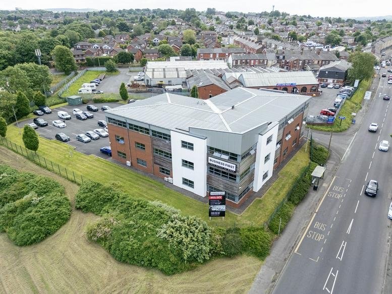 Aerial view of the brick and glass exterior at Blackburn Gateway, Sandpits Lane.