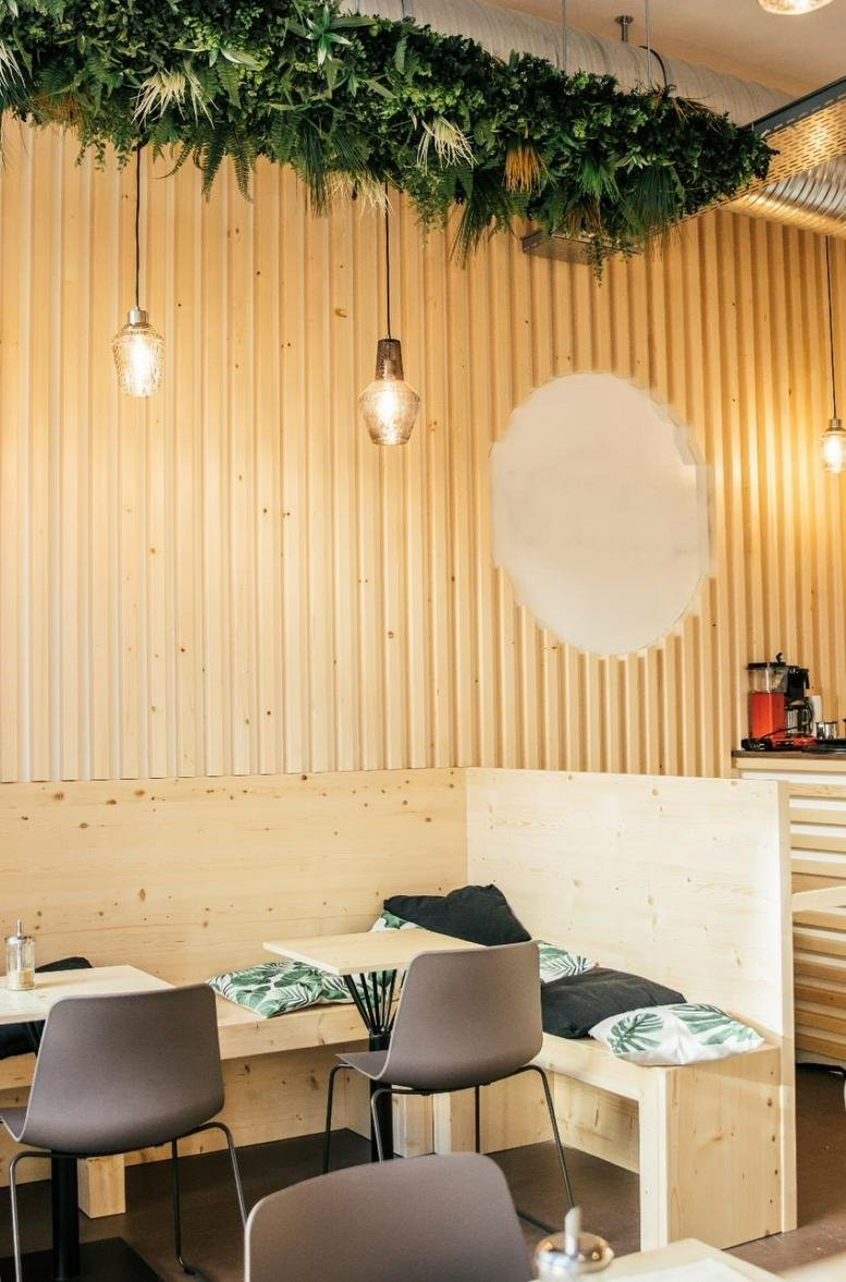 Sunlit communal dining area featuring light wood paneling, hanging greenery, and modern seating.