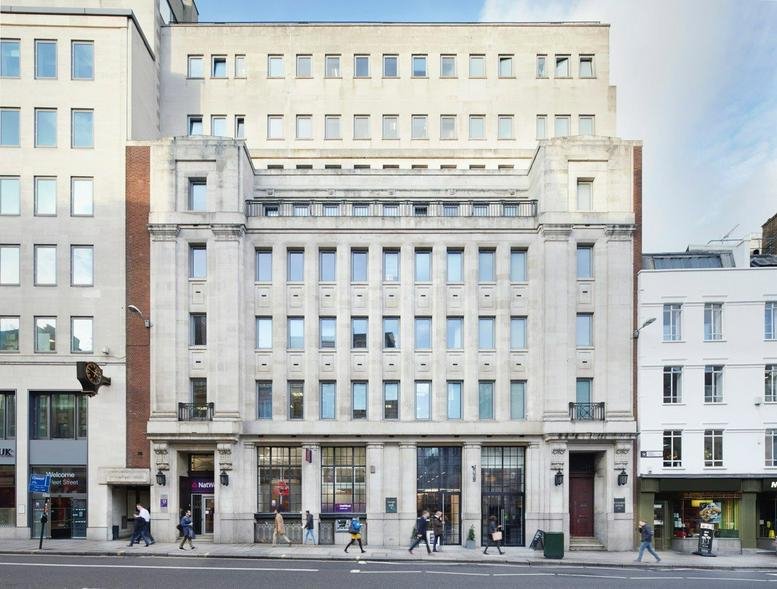 Exterior view of the stone facade at Bouverie House, Fleet Street, London.