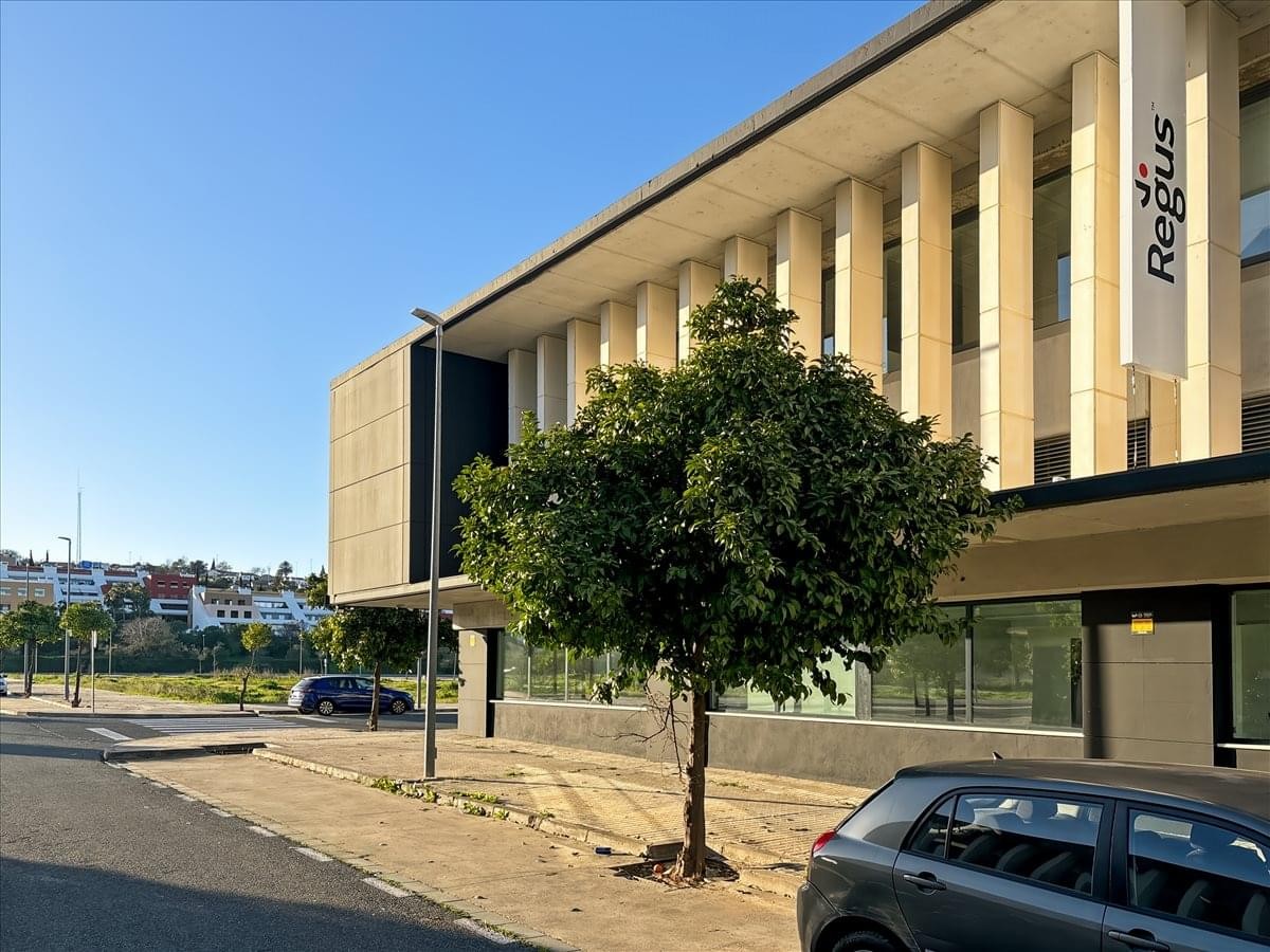 Exterior view of the modern stone and glass facade of Calle Almutamid 6, Edificio Vega 1.