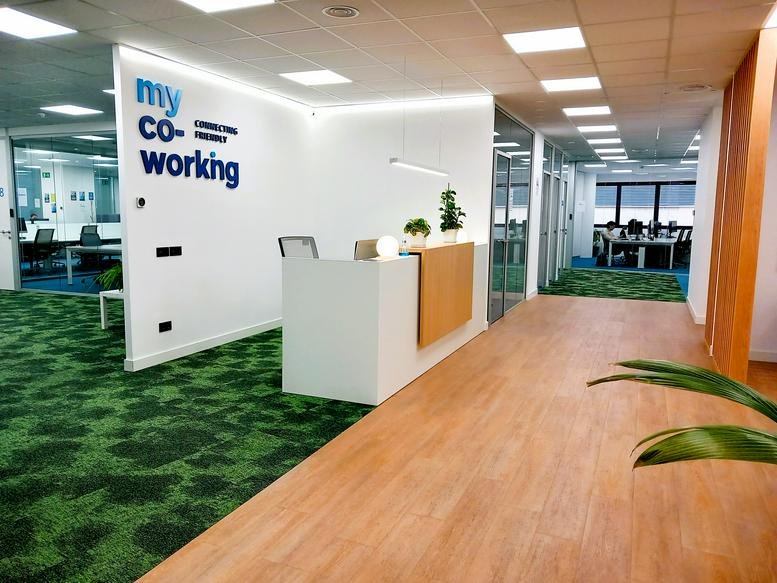 Bright reception area at Calle de María Tubau, 3, with green patterned carpet and wooden floors.