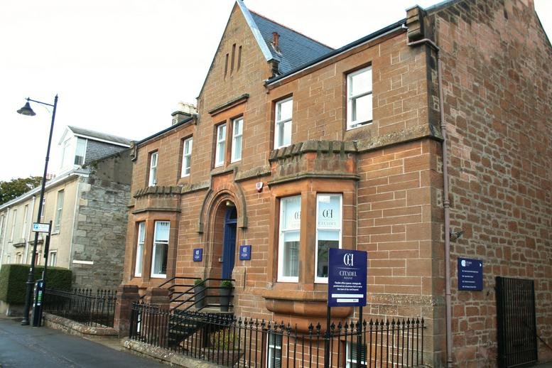 Exterior view of the red sandstone facade at Citadel House, 6 Citadel Place, Ayr.