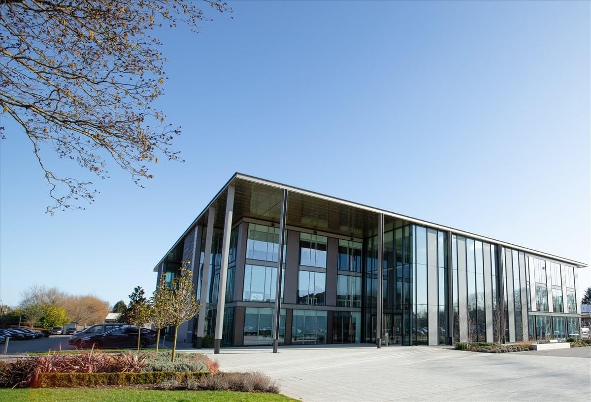 Exterior view of the modern glass and steel facade at 1st Floor, Building 2, Croxley Business Park, Watford.