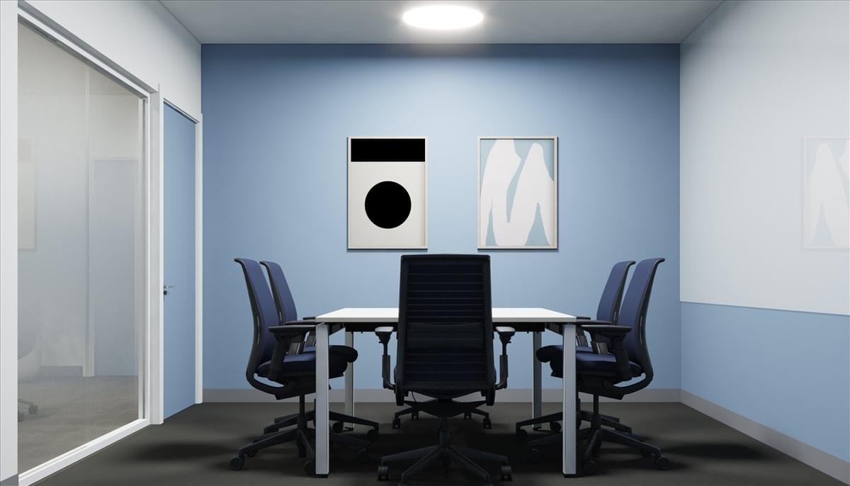 Large meeting room at Dorou 2, Omonoia, Athens with grey carpet and blue walls.