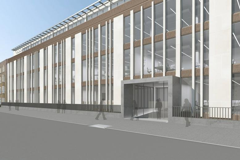 Modern white and wood exterior facade of Edinburgh House, 154-182 Kennington Lane.