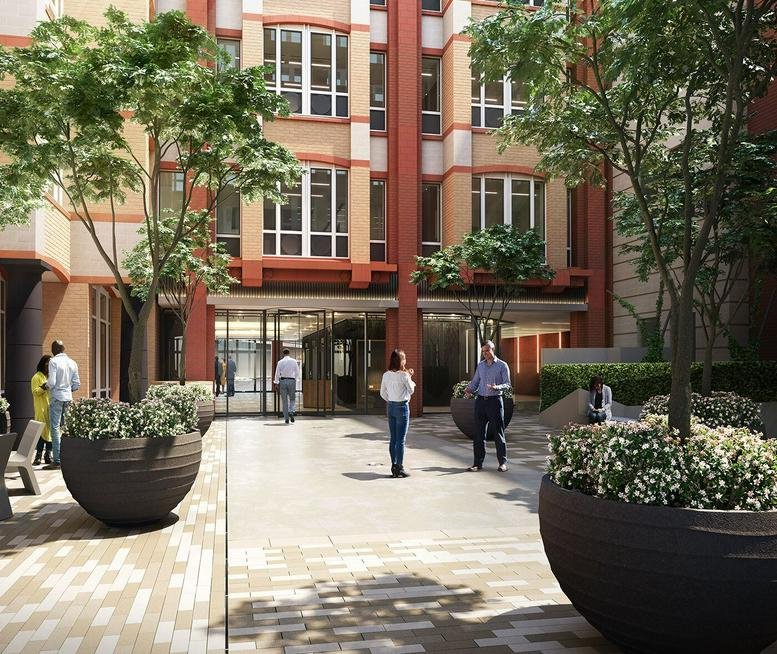 Exterior view of the classic brick and glass facade at Fetter Yard, 86 Fetter Ln, London.