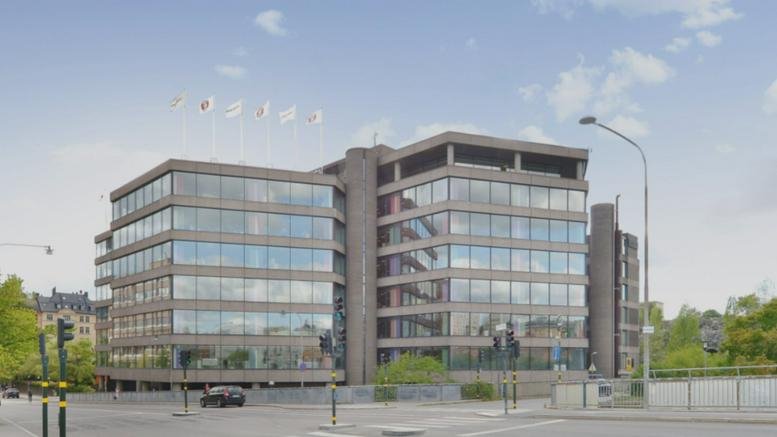 Exterior view of the multi-story glass and concrete building at Fleminggatan 18, Sweden, Stockholm.