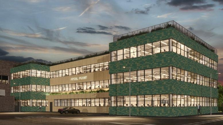 Exterior view of the green and beige facade of Focal Point, Church Walk House, Basildon.