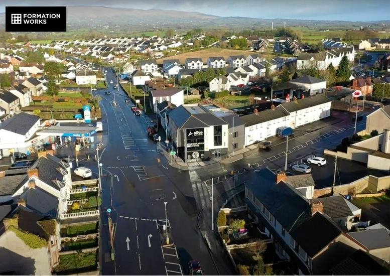 Aerial exterior view of the modern LCC House building at Formation Works on Lissan Road.