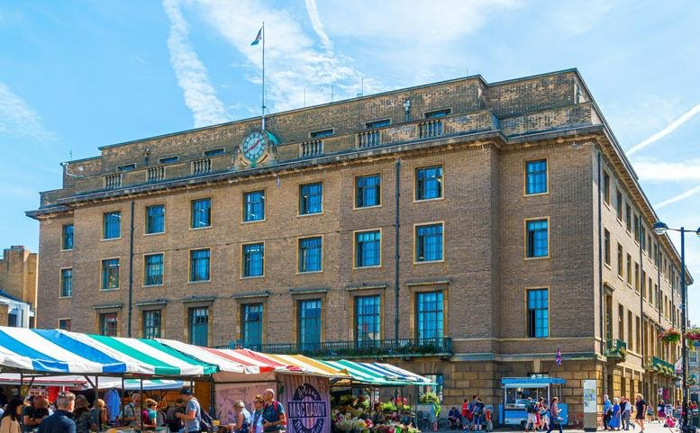 Exterior view of the historic stone facade at Future Business Centre Cambridge Guildhall, Market Square.