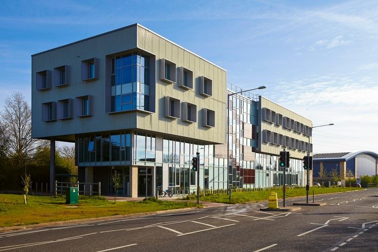 Exterior view of the modern, glass-facade Future Business Centre Cambridge.