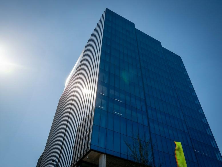Exterior view of the blue glass facade at Garrard Street, Reading, Berkshire.