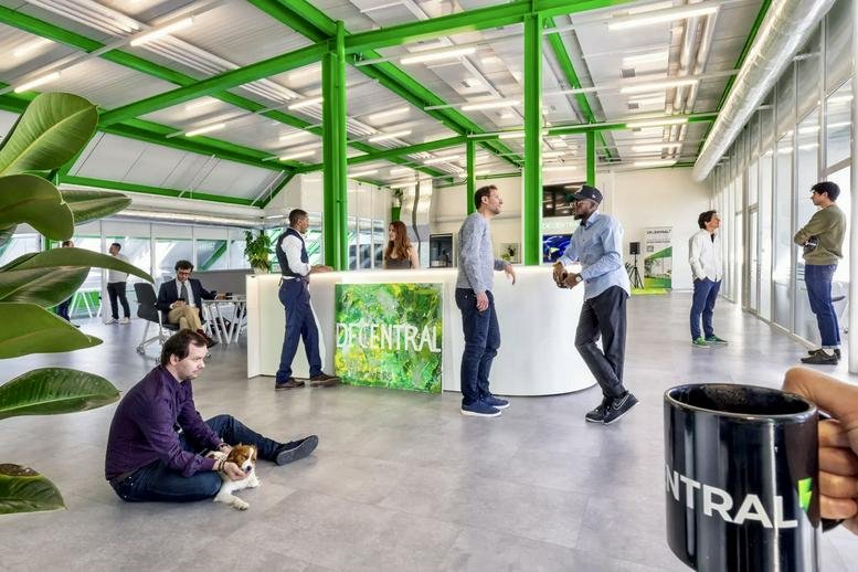 Spacious reception area with green structural beams and a branded front desk at Rte des Jeunes 5D/6th floor.