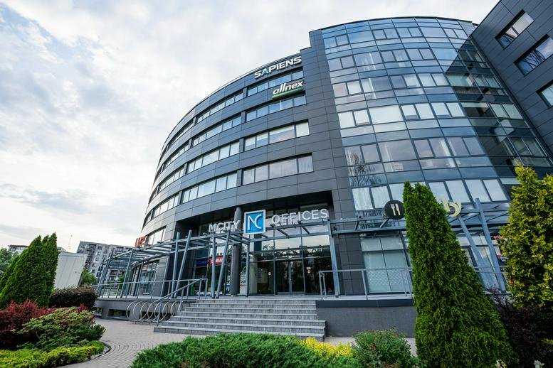 Exterior view of the office building at Gunāra Astras iela 1C, Riga.