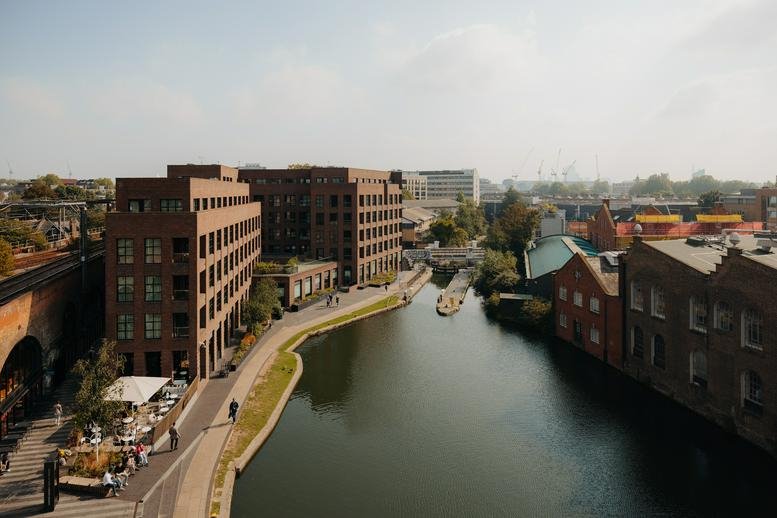 Exterior view of the brick building at Hawley Wharf by the canal.