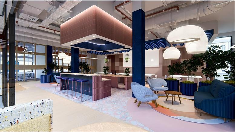 Spacious communal lounge with colorful furniture and unique light fixtures at Heidestraße 34, Berlin.