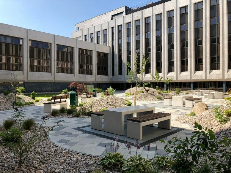 Exterior view of the multi-story concrete facade at Hill of Rubislaw, Anderson Drive, Aberdeen.