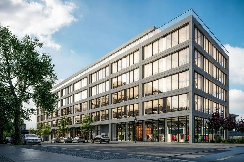 Exterior view of the modern glass and concrete building at Hussitenstrasse 32, B, Ground Floor, Berlin.