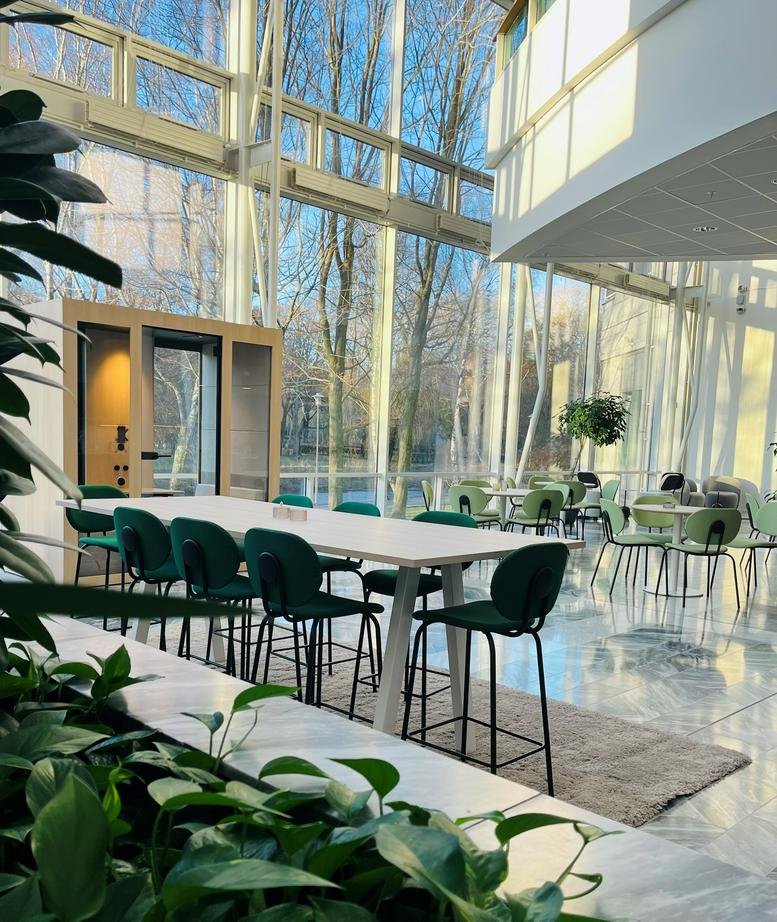 Bright communal dining area with long white tables, green chairs, and floor-to-ceiling windows.