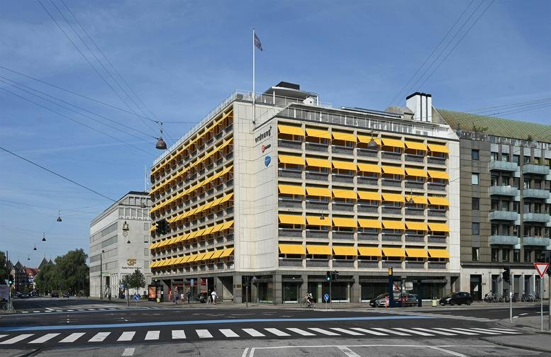 Exterior view of the historic architecture at Kampmannsgade 2, Shellhuset, Copenhagen.