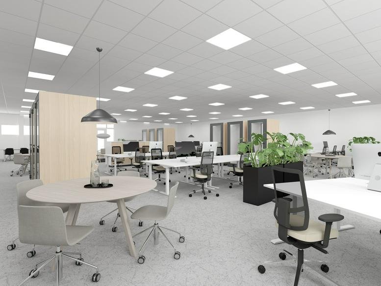 Spacious open-plan workspace at Ground Floor, Kirkstall Road with modern desks and pendant lighting.