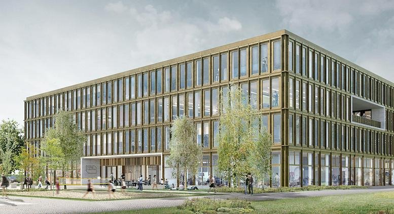 Exterior view of the glass-facade Konrad-Zuse-Ring 11 office building with wooden accents.