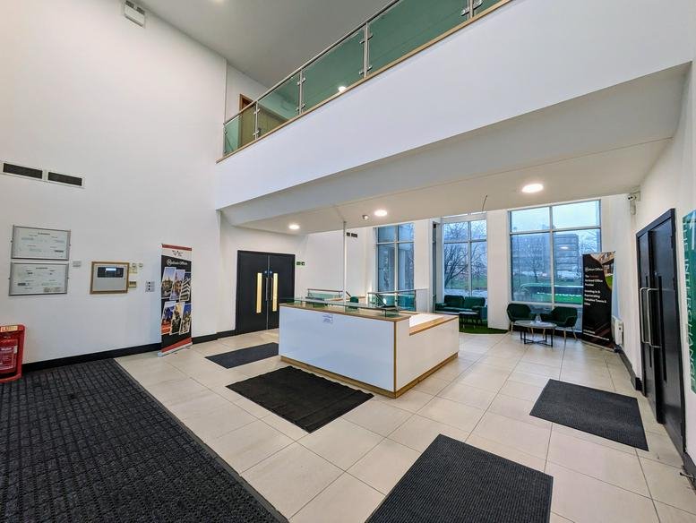 Spacious double-height reception and lobby area at Latitude, 1 The Interchange, Bradford.
