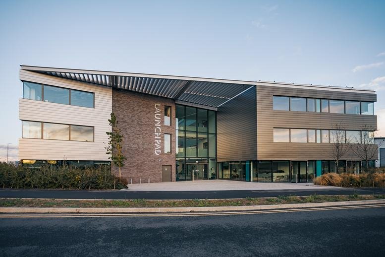 Modern exterior of Launchpad, Airport Business Park, Southend-on-Sea with mixed brick and metal cladding.