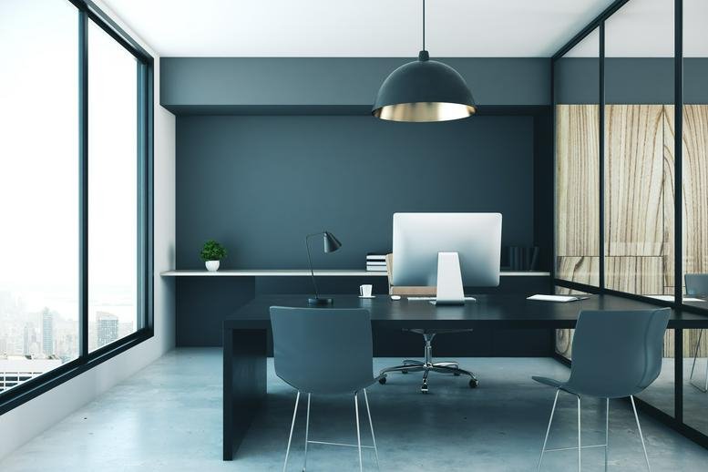 Sleek private office at Madison Offices, Nursery Lane featuring a dark feature wall and modern desk.
