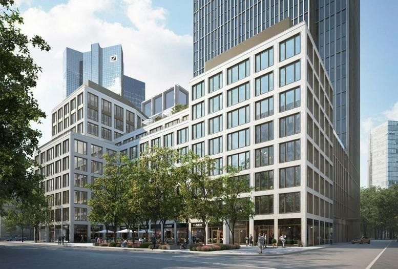 Exterior view of the modern glass and stone Marienforum, Mainzer Landstrasse 1 building.