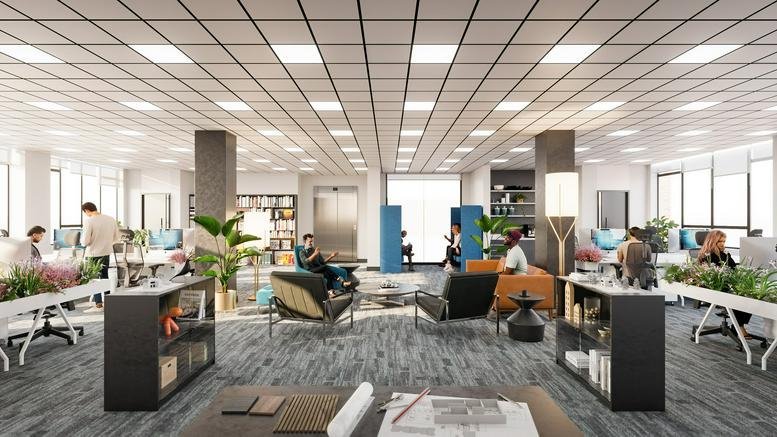 Spacious open-plan communal area at Moffat House, 14-20 Pall Mall, with varied seating and plants.