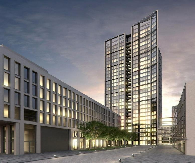 CGI rendering of the modern skyscraper facade at Neue Mainzer Straße 6-10.