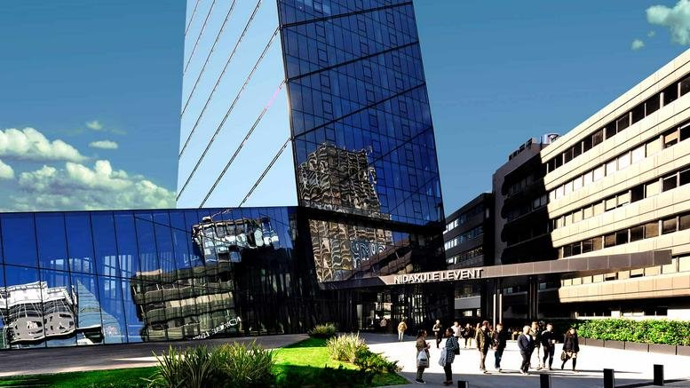 Exterior view of the modern glass-facade Nidakule Levent building in Istanbul.