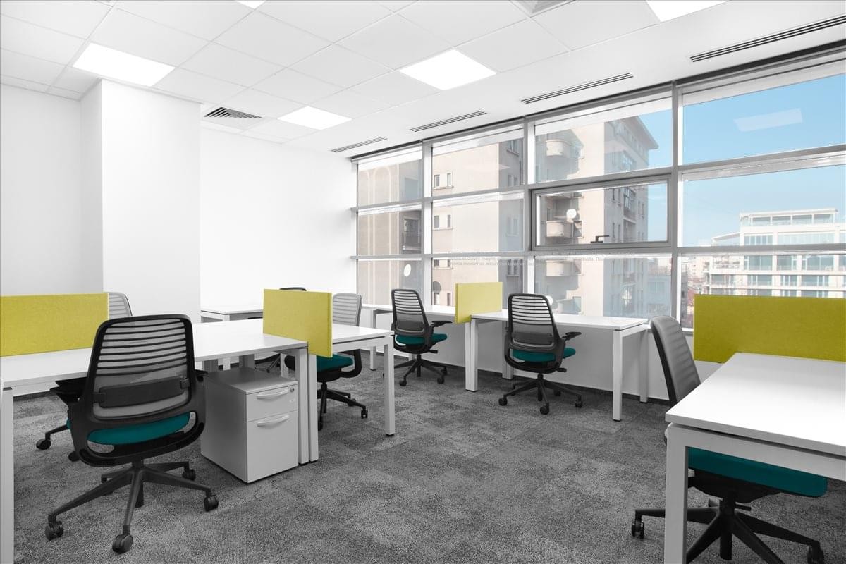 Bright open-plan office at No. 32, Calea Dorobantilor, District 1, Bucharest with lime green privacy screens.