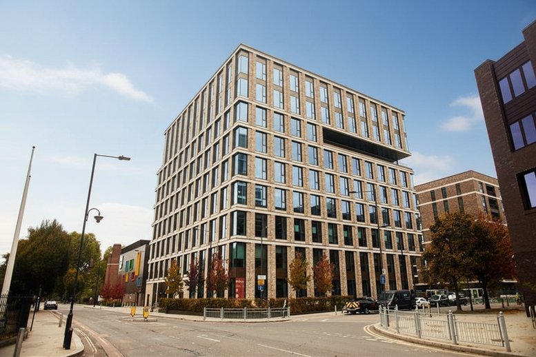Exterior view of the contemporary brick and glass facade of EdCity.