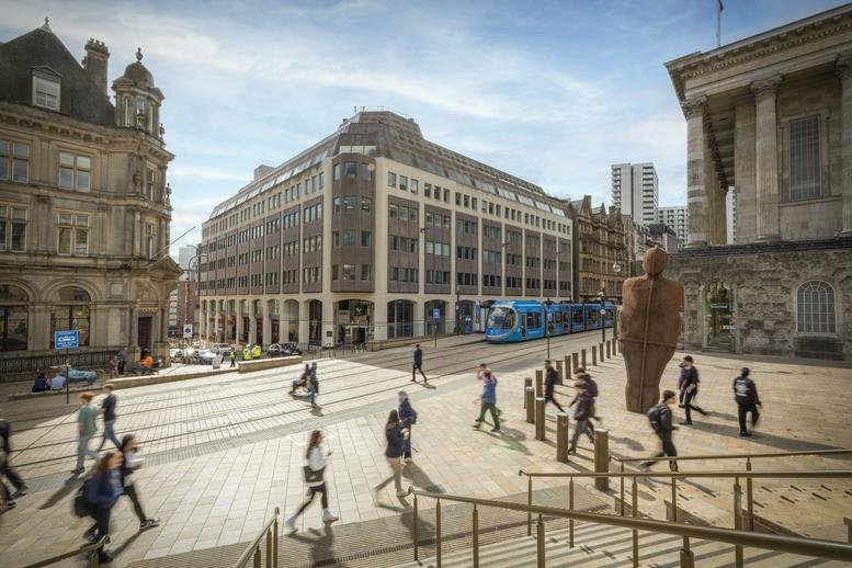 Exterior view of the historic architecture and modern frontage of 1 Victoria Square, Birmingham City Centre.