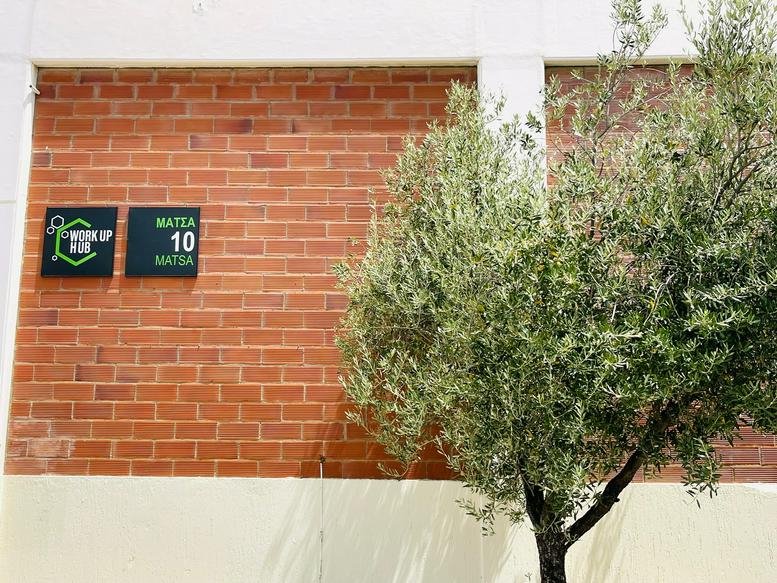 Exterior brick facade with olive tree at 10 Matsa Street, Kifissia, Athens.