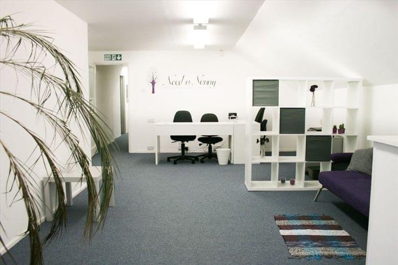 Spacious reception area at 10a West End Rd with a purple sofa, white shelving, and a large indoor plant.