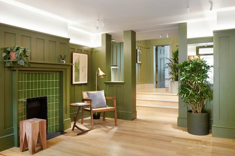 Lounge area with green wood paneling, a fireplace, wooden floors, and potted plants.