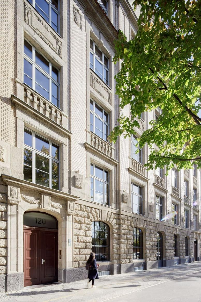 Exterior view of the historic stone facade at w3. hub, 2nd & 3rd Floors, Möckernstraße 120.