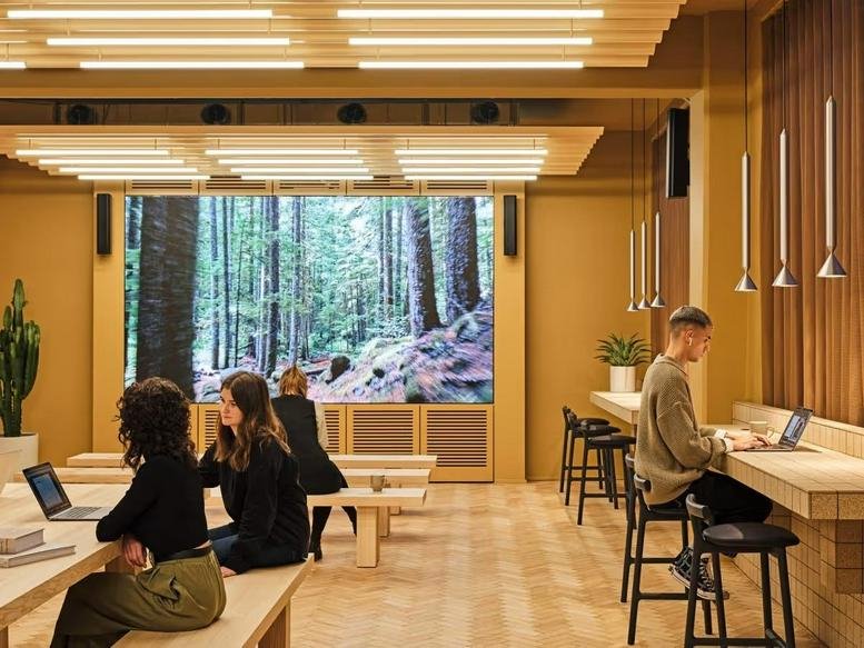 Spacious coworking lounge at Douglas House, 131-151 Great Titchfield Street, with warm wood tones and a forest backdrop.