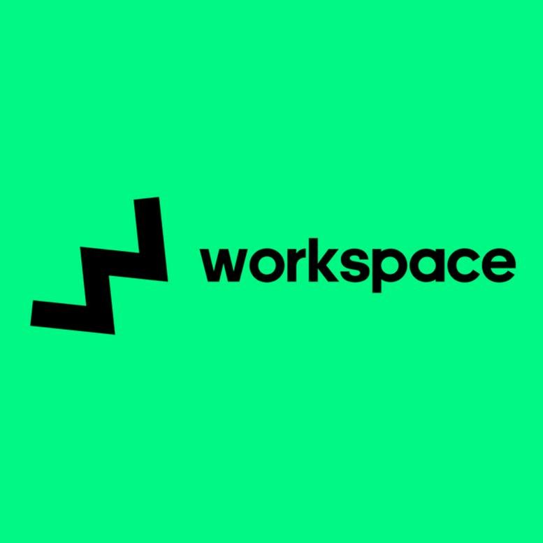 Company logo for workspace featuring a black zigzag icon and text on a bright green background.