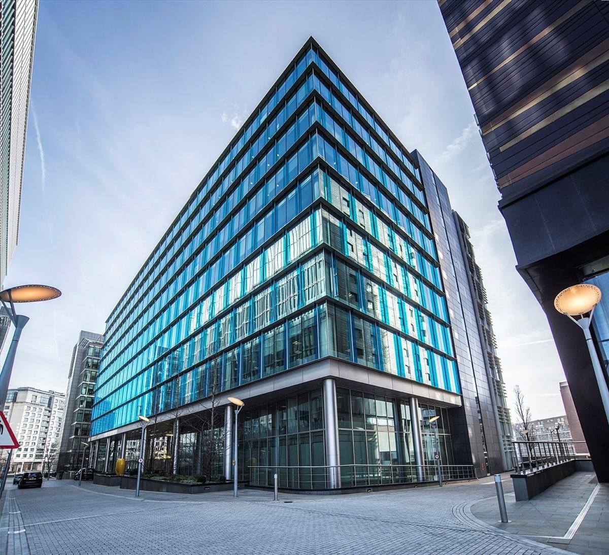 Exterior view of the modern glass-facade building at 2 Kingdom Street in Paddington Central.