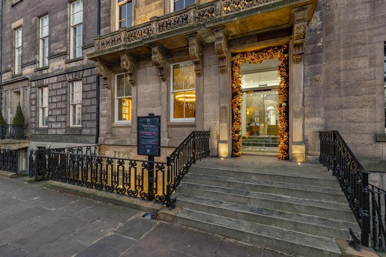 Exterior view of the stone facade and entrance of The Auction Rooms, 22 Queen Street, New Town, Edinburgh.